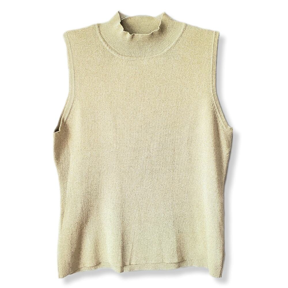 Women Gold Metallic Silk Mock Neck Sleeveless Sweater Coastal Minimalist Holiday